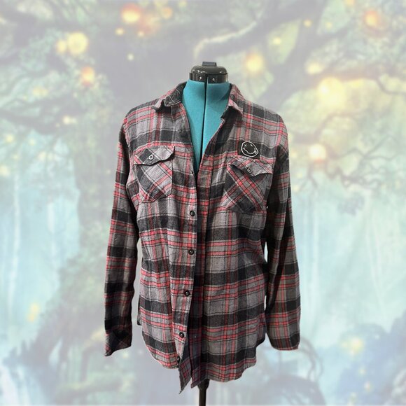 Nirvana Smiley Upcycled Flannel (Burnside) – XL Oversized Grunge Shacket - Picture 5 of 5
